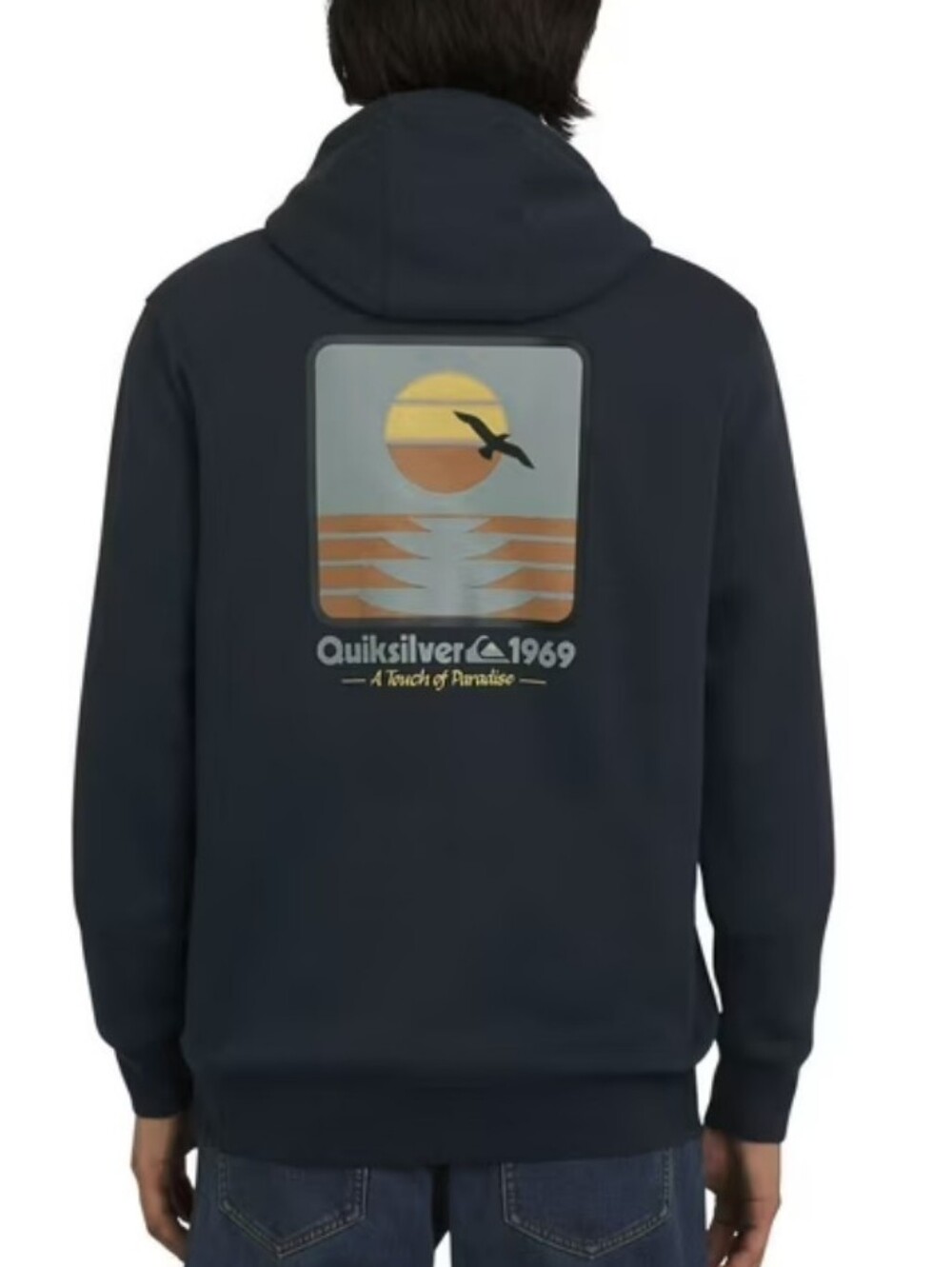 Quiksilver Men's Navy Pullover Hoodie with Retro Sunset Graphic Size Small